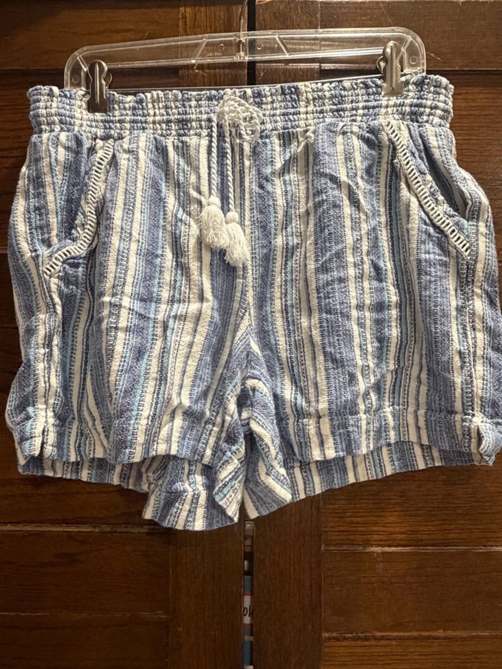 Briggs large linen blend Striped Blue White Drawstring Shorts nautical travel
